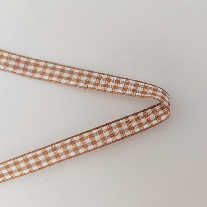 Micomon Khaki and White Woven Edge Plaid Ribbon 100% Polyester Gingham Ribbon 25 Yards Each Roll (3/8"Khaki)