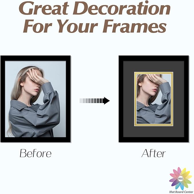 Mat Board Center, Double Mat - Acid Free, 8-ply Thickness, White Core - for Pictures, Photos, Framing (Black Over Gold, 8x10 for 5x7, Pack of 5)