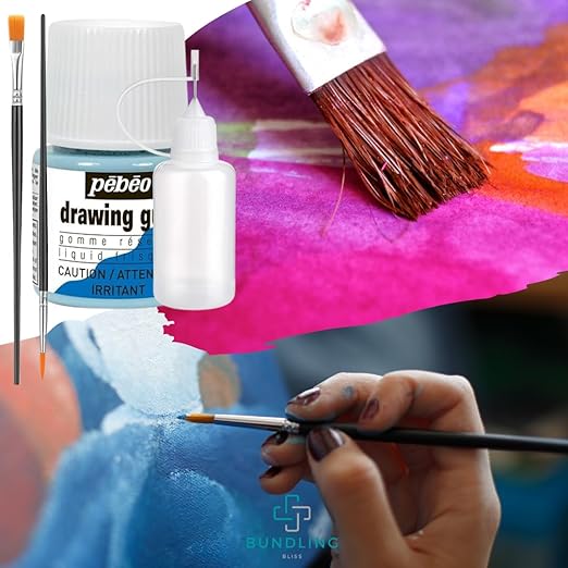 Pebeo Drawing Gum Masking Fluid 45ml ā Quick-Dry, Easy-Peel for Watercolor & Painting ā Includes Bundling Bliss Applicator Tip & Brushes (3-Piece Set)