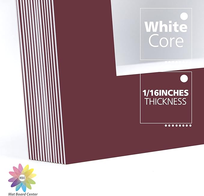 Mat Board Center, Pack of 10, 11x14 for 8x10 Maroon Color Mats - Bevel Cut, Acid Free, 4-ply Thickness, White Core - for Pictures, Photos, Framing