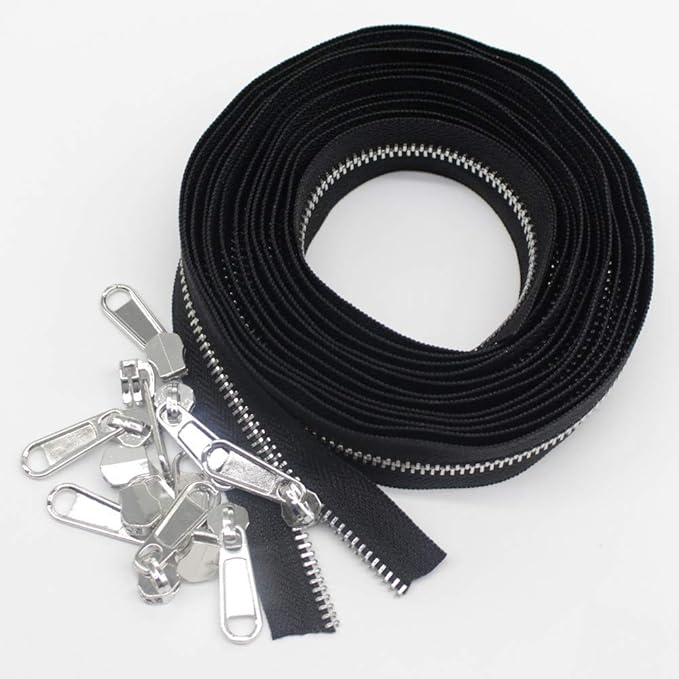 YaHoGa #5 Metal Zippers by The Yard Bulk 4 Yards + 10 pcs Sliders for Bags DIY Sewing Tailor Crafts (Silver Teeth)