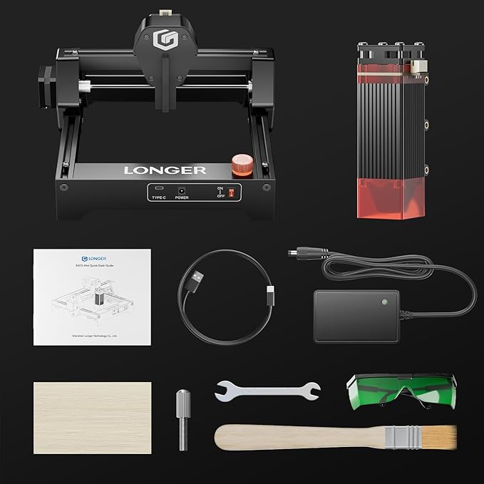 LONGER Ray5 mini 2.5W Laser Engraver with 70 Pcs DIY Material Package, 12000mm/min High-Speed Cutter for Wood, Metal, Acrylic, Leather, DIY CNC, 130x140mm Engraving Area, WiFi, Emergency Stop Safety