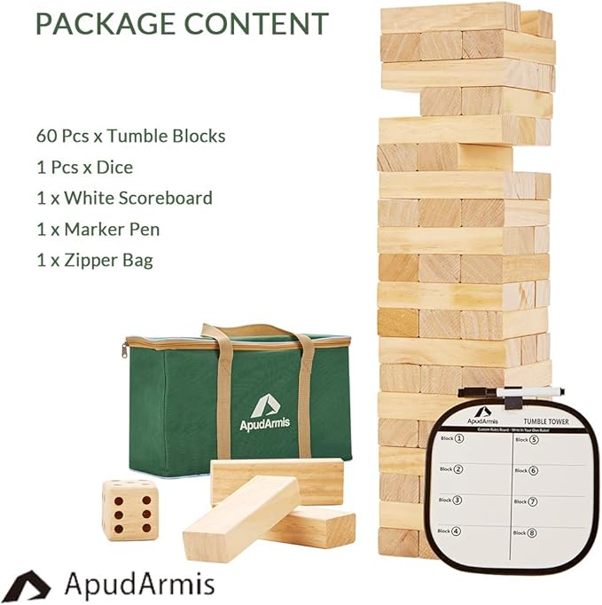 ApudArmis 60 PCS Tumble Tower, (Stack up to 5Ft) Pine Wooden Stacking Timber Game with 1 Dice Set - Classic Block Outdoor Game for Teens Adults Family