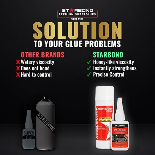 Starbond 2 oz Thick CA Glue with 6 oz Aerosol Activator Bundle Premium Cyanoacrylate Super Glue for Mitre Joint Bonding, Woodworking, Carpentry, Archery Fletching