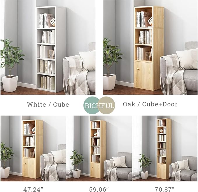 IOTXY Small Narrow Corner Bookcase - 59 Inches Tall Gap Freestanding Storage Cabinet, 6 Lattices Open Shelves Tower Rack with Door, Cubes Bookshelf in Oak
