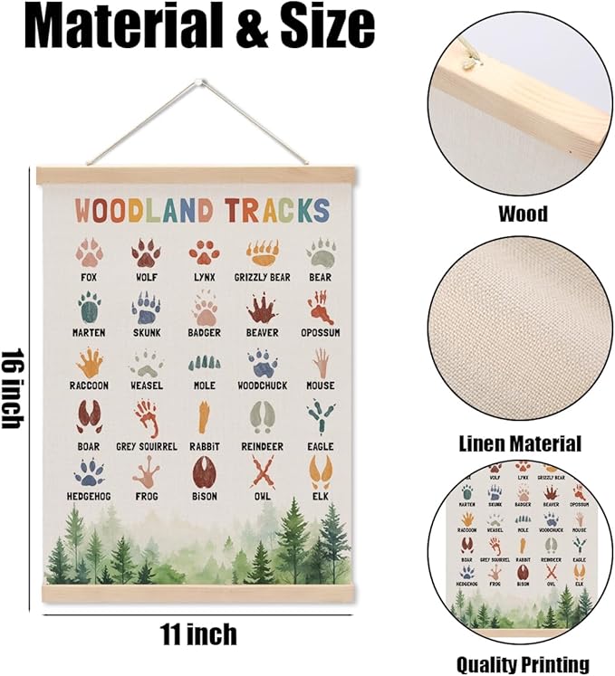 Boho Animal Woodland Tracks Poster Hanger, Forest Jungle Animals Nursery Decor Wall Decor, Paw Print Educational Posters Country Wall Art Wall Hanging Banner Farmhouse Home Playroom Baby Room Decor