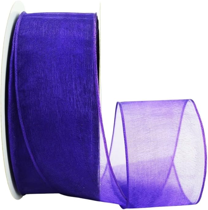 Ribbon Bazaar Sheer Organza Wired Ribbon - 100% Polyester Wire Edged Ribbon for Floral Decor, Table Arrangements, Apparel Embellishment & More - 1-1/2" Plum 25yd