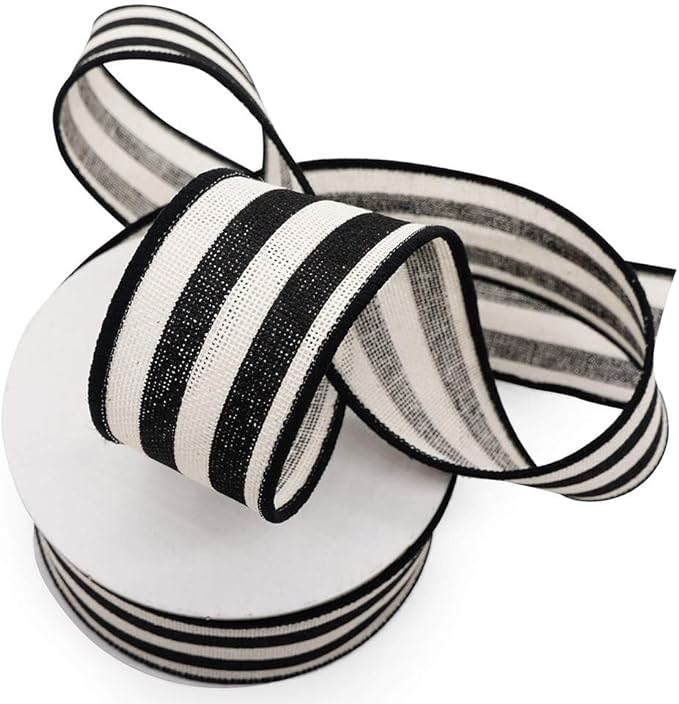 CT CRAFT LLC Striped Canvas Cotton Ribbon 2.5" x 50 Yards Ivory/Black Stripes for Thanksgiving Christmas Home Décor Gift Wrapping Outdoor Tree Topper Bow Wreath