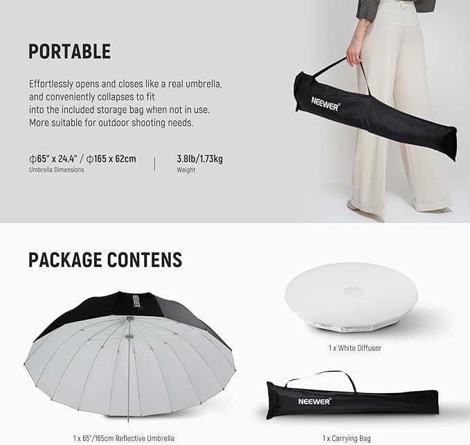 NEEWER 65"/165cm Parabolic Reflective Umbrella Photography with White Inner, Soft Lighting with Diffuser Cover, Bag, Quick Fold for Camera Photo Studio Video Light Shooting Monolight Flash, NS3U