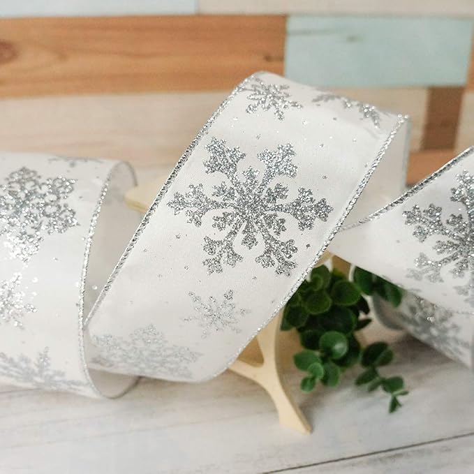 CT CRAFT LLC White Satin with Silver Snowflake Wired Ribbon 2.5 Inch x 10 Yards for Christmas Home Decor Tree Topper Bow Gift Wrapping DIY Crafts Wreath Garland