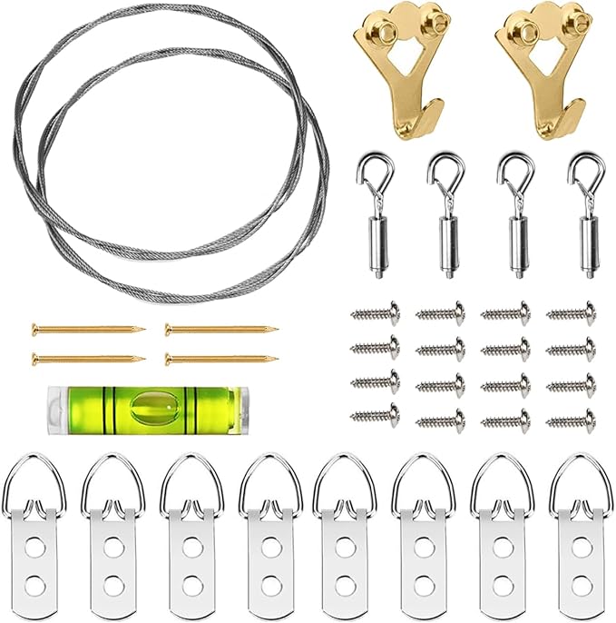 SDTC Tech Adjustable Picture Hanging Wire Kit 2m x 1.5mm Stainless Steel Wire Rope, D-Rings, Wall Mounting Hooks, Adjustable Hangers, Level & Screws for Paintings Photos Mirror Frames Hold Up to 80lbs