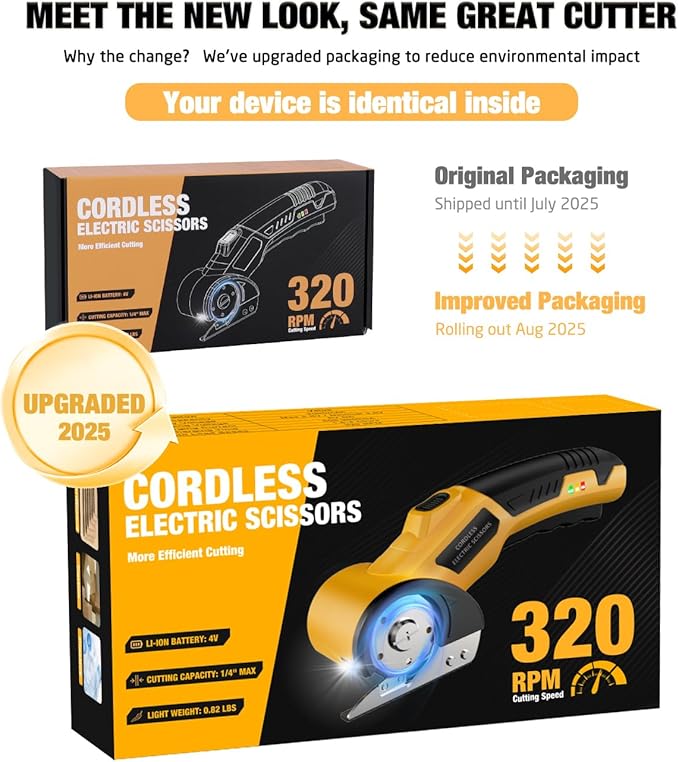 Cordless Electric Scissors: 4V Rechargeable Cardboard Cutter, 3 Blades, Safety Lock & LED Light, Box Cutter for Carton Carpet Plastic Fabric Leather(Yellow)