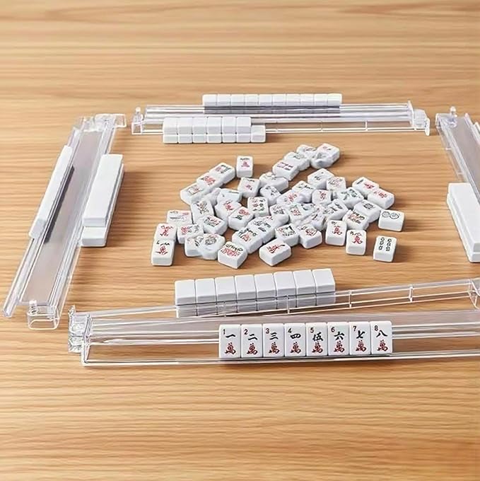 Mahjong All-in-One Tile Rack & Pusher, Clear Acrylic Mahjong Rack and Pusher Combo, Enhanced Mah Jongg Tile Holders Set of 4,Color,with 4 Dics (Transparent)