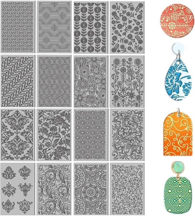 CHGCRAFT 16 Sheets Artistic Flowers Clay Texture Mat Geometric Pattern Polymer Clay Texture Sheets DIY Tools for Pottery Earring Jewelry Making Stamp Engraving Machines, 4x2.6inch