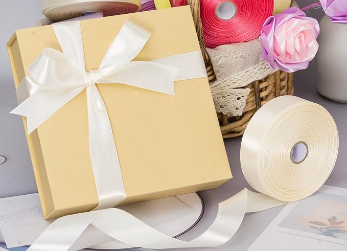 1 Inch Ivory Solid Satin Ribbon, 50 Yards Craft Fabric Ribbon for Gift Wrapping Floral Bouquets Wedding Party Decoration
