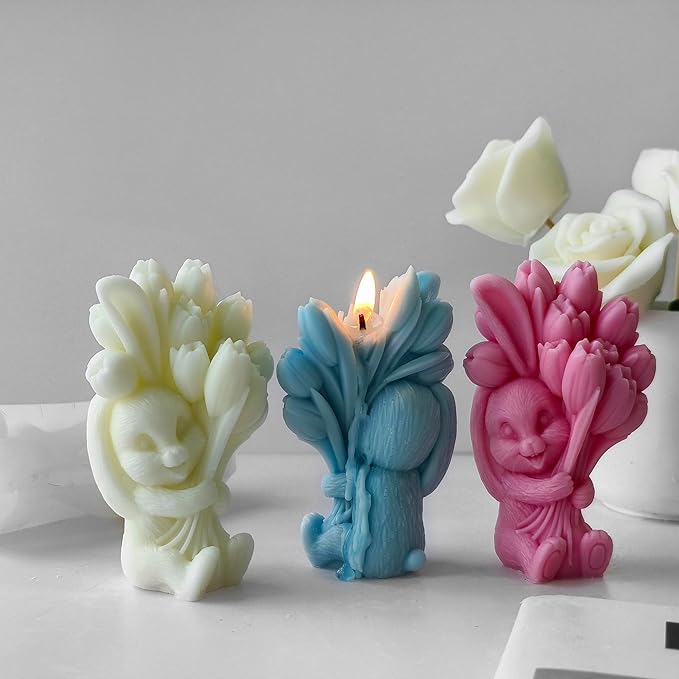 Rabbit Tulip Animal Soap Mold - Flower Peony Resin Casting Silicone Mold for Candle Home Decor - 3D Animal Soap Making