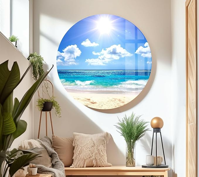 My Photostation.com 43Wx27H'' Summer Beach Landscape Glass Wall ArtTempered Glass Printing Wall Decor Large Wall Art Wall Hangings