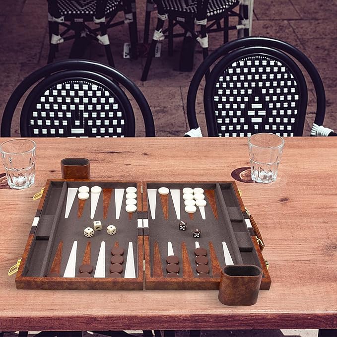 AMEROUS Backgammon Set, 15 Inches Classic Board Game with Leather Case, Folding Board, Gift Package, Portable Travel Strategy Backgammon Game Set for Adults, Kids (Medium, Brown)