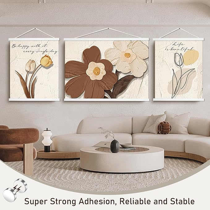 Artmag Magnetic Poster Hanger Frame, 35x25 35x24 35x48 Light Wood Wooden Magnet Canvas Artwork Print Poster Hangers Frames Hanging Kit (White, 35")