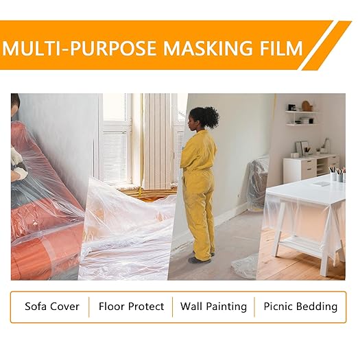 Painters Plastic with Tape 22" x 66',Pre-Taped Masking Film for Painting,Paint Protection Film with Built-in Tape, Drip-Free Painting for Cars,Walls, Floors, Furniture(2 Rolls)