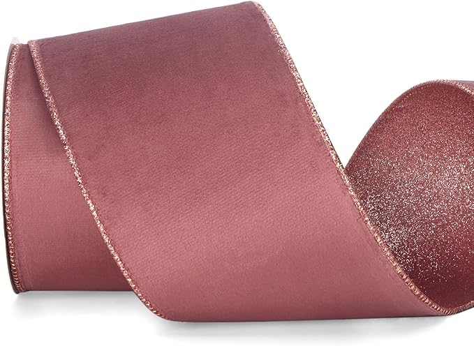 Ribbli Rose Gold Velvet Wired Ribbon 4 Inch Dusty Rose Velvet with Rose Gold Glitter Christmas Ribbon for Christmas Tree Decoration Big Bow Gift Wrapping Crafts Wreaths Supplies- 10 Yards