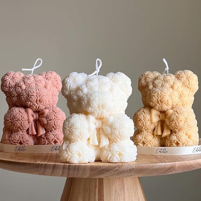 Bowtie Rose Bear Candle Mold 3D Teddy Bear Silicone Mold for DIY Handmade Soaps, Epoxy Resin Crafts, Father's Day Gifts, Birthday Gifts, Valentine's Day Gifts & Home Decorations Reusable Molds