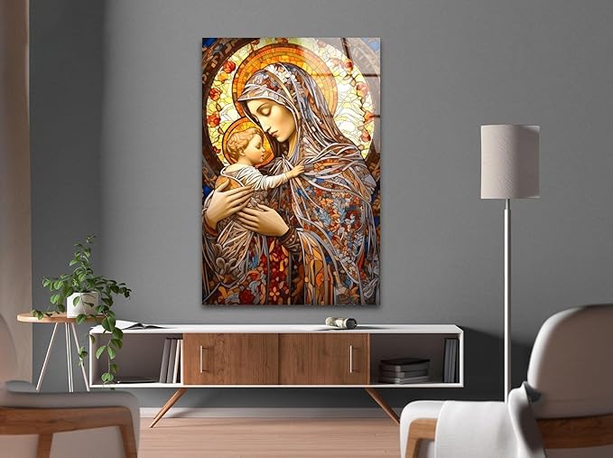 My Photostation.com Round 24'' Jesus and Virgin Mary Glass Wall Art Tempered Glass Printing Wall Decor Large Wall Art Wall Hangings