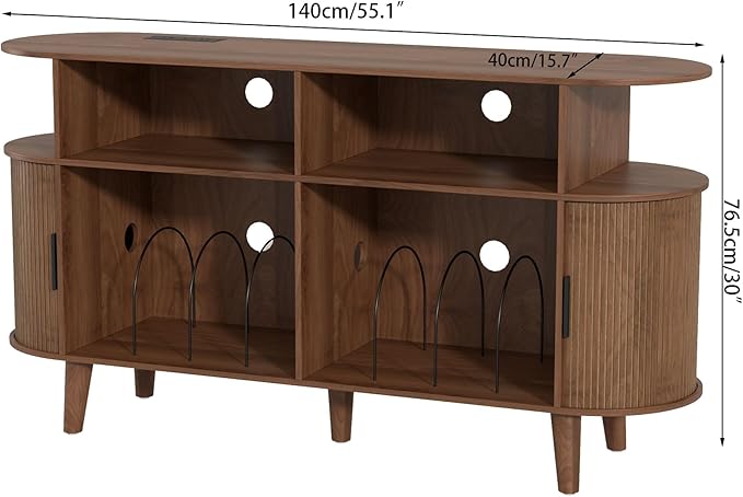 Large Round Record Player Stand with Charging Station & USB Ports,Record Storage Cabinet, Mid Century Modern Turntable Stand for Bedroom Living Room (Walnut)