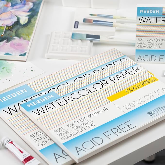 MEEDEN Watercolor Paper Block, 100% Cotton Watercolor Paper Pad of 20 Sheets, 140lb/300gms, Acid-Free Art Paper for Watercolor, Gouache, Ink and More, 9" x 12" Cold Press