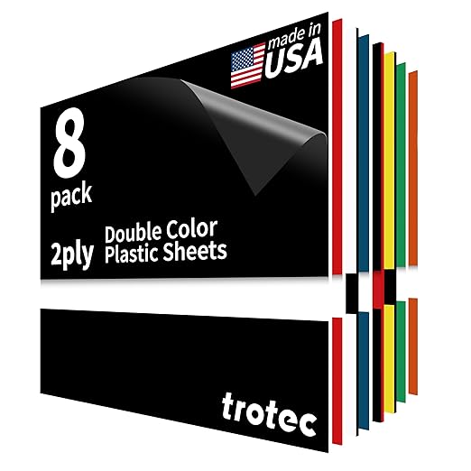 Trotec TroLase | 12"x12"x1/16", 8 Pcs | Multicolor | 2 Ply | Modified Acrylic | Laser Engraving Double Color Plastic Sheet | Engraving Blanks for Laser, Saw, Guillotine | Made in USA