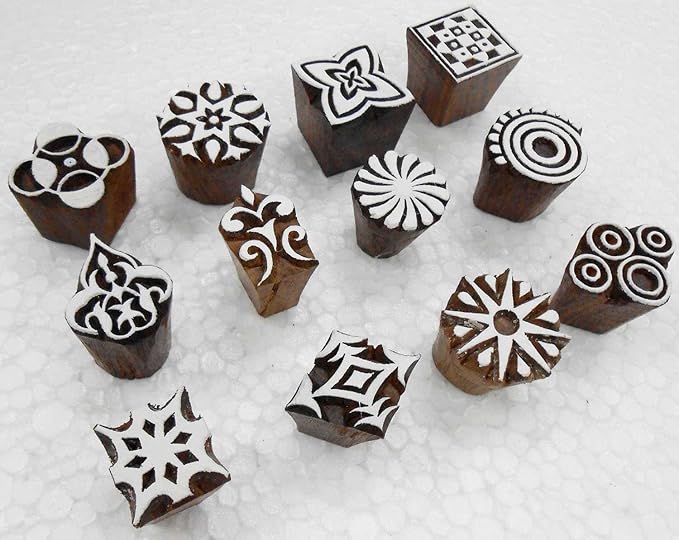 Wholesale Pack of 12 Wooden Block Printing Stamps for Textile Designing/Henna Tattoo/Crafts Printing Pattern for Saree/Home Decor