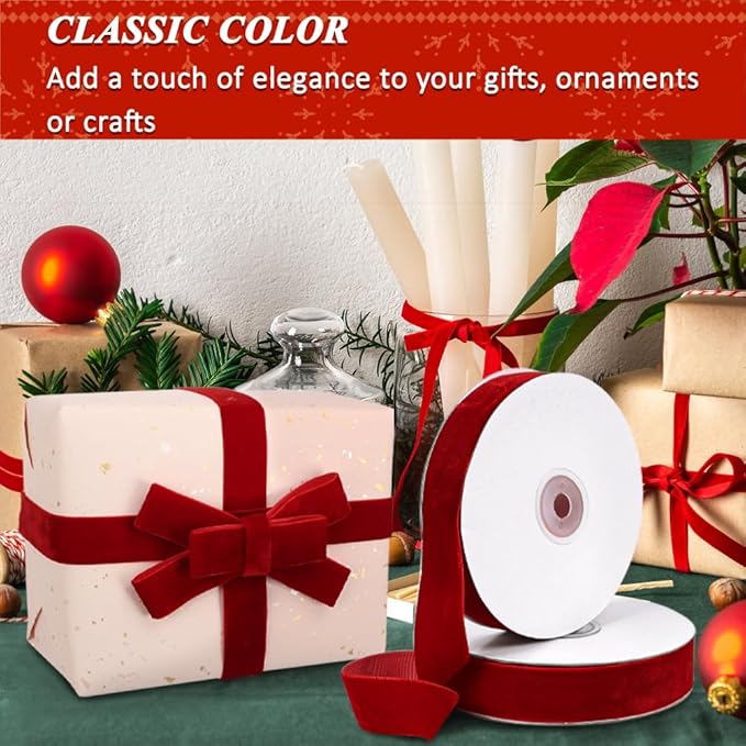 Red Velvet Ribbon, 1 Inch x 20 Yards Single Faced Red Ribbon for Gift Wrapping, Bow Making, Christmas Tree Decorations, Wreath Making and DIY Crafts (10 Yards Each Roll)