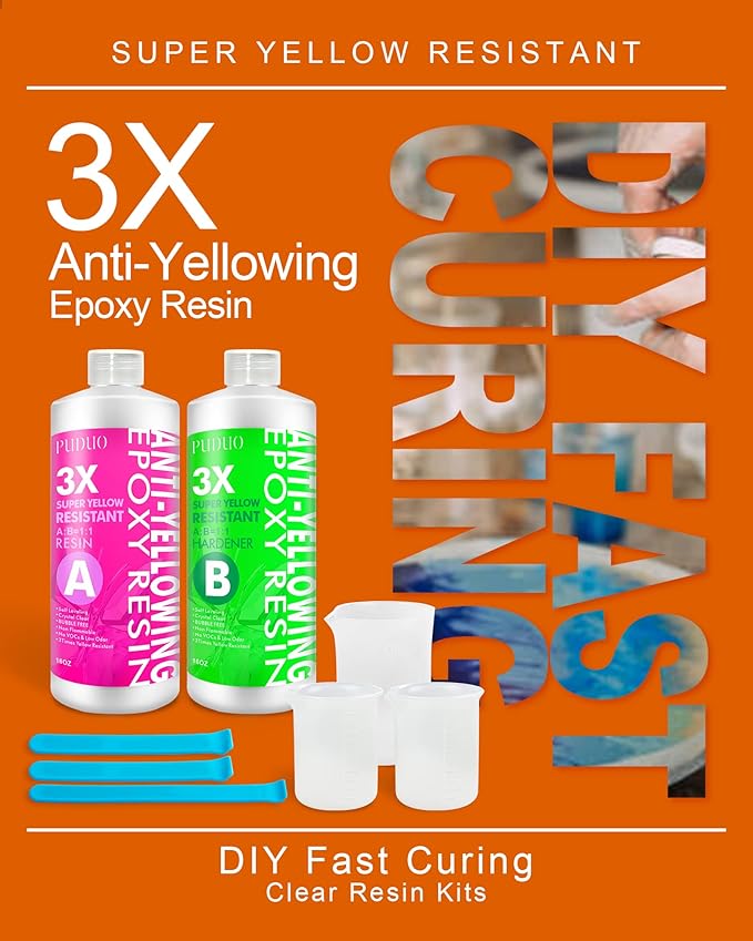 Epoxy Resin Crystal Clear Kit, Super Anti-Yellowing Craft Resin Epoxy 32OZ(16OZ Resin and 16OZ Hardener) for Art, Jewelry Making, Casting, Silicone Molds,Craft,Pigment by Puduo