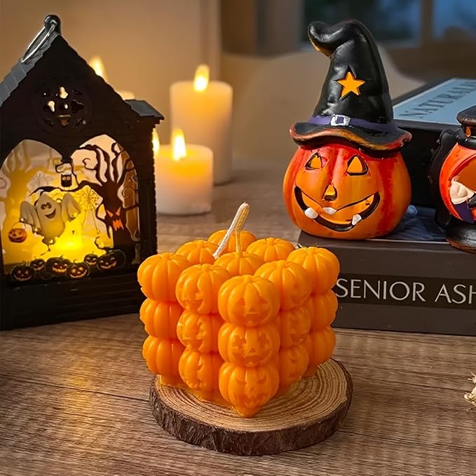 Halloween Candle Molds,1PC Cube Bubble Pumpkin Silicone Candle Mould,3D Silicone Mold for Epoxy Resin Handmade Aromatherapy Candles Wax Soap Halloween Decor (Pumpkin Pattern)