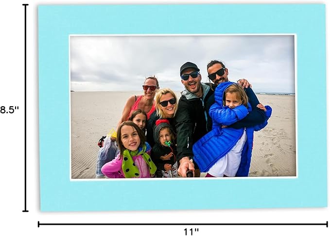 8.5x11 Mat Bevel Cut for 7x9 Photos - Acid Free Aquamarine Blue Precut Matboard With Backing Board and Crystal Clear, Self Seal Photo Mat Bag - For Pictures, Photos, Framing - 4-ply Thickness