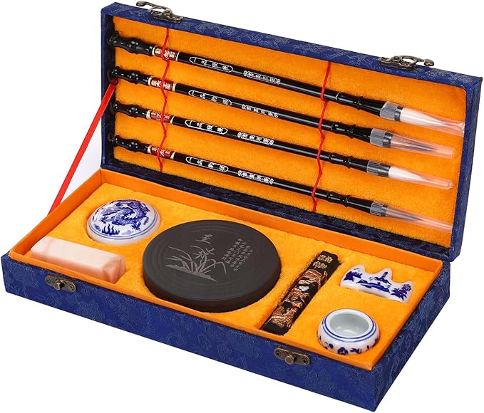 MEGREZ Chinese Calligraphy Set for Beginners, Comes with Calligraphy & Sumi Brushes,Calligraphy Ink Stick and Ink Stone for Writing and Drawing, Blue Gift Box(10 Items)