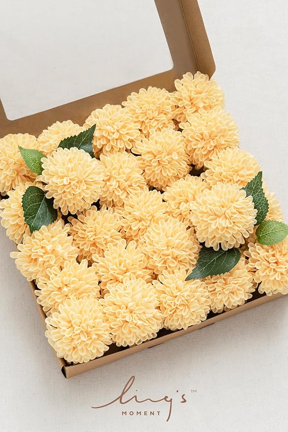 Ling's moment Creamy Yellow Dahlia Foam Artificial Flowers Real Touch Faux Fake Flower for Home Decor Graduation Baby Shower Decorations Outdoors Party Favors Wedding Centerpieces Arrangements 25pcs