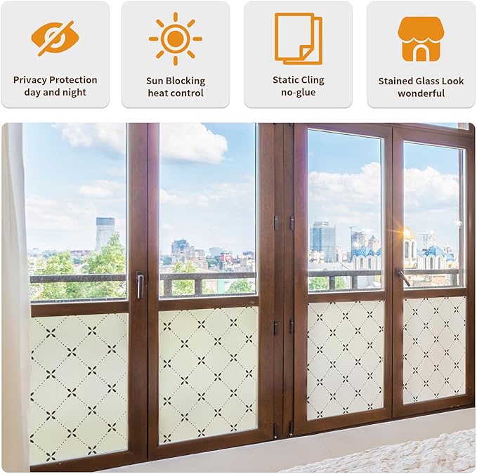 DKTIE Geometric Art Stained Glass Window Film Bathroom Window Privacy Film Frosted Glass Static Clings Non Adhesive with Installation Tools, Modern Home Improvement Style (S119, 35.4'' x 118.1'')