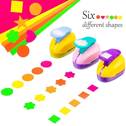 CHENGU 16 Pcs Craft Holes Punch Paper Punchers Scrapbook Punches with Craft Sticker Paper, Round, Star, Square, Heart, Flower, Wave Circle Shape(1 Inch,Multiple Styles)