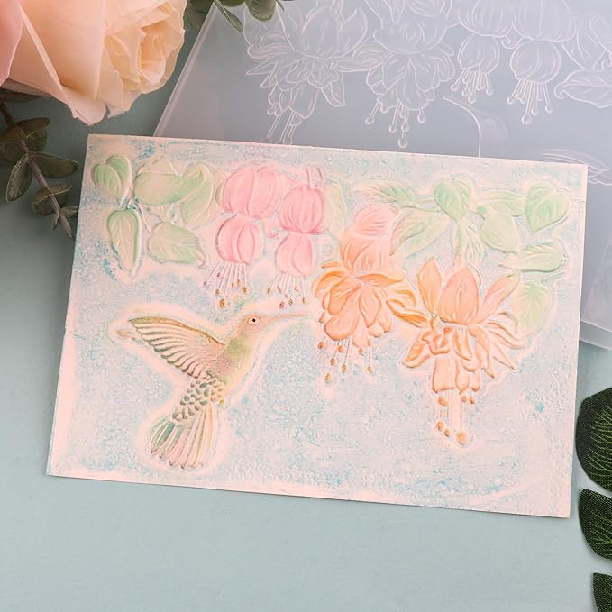 BAOFALI 3D Embossing Folder for Card Making,Hummingbird and Flowers Clear Plastic Texture Fades Embossing Folder Template for Scrapbooking and Other Paper Craft Album Stamps DIY Decoration