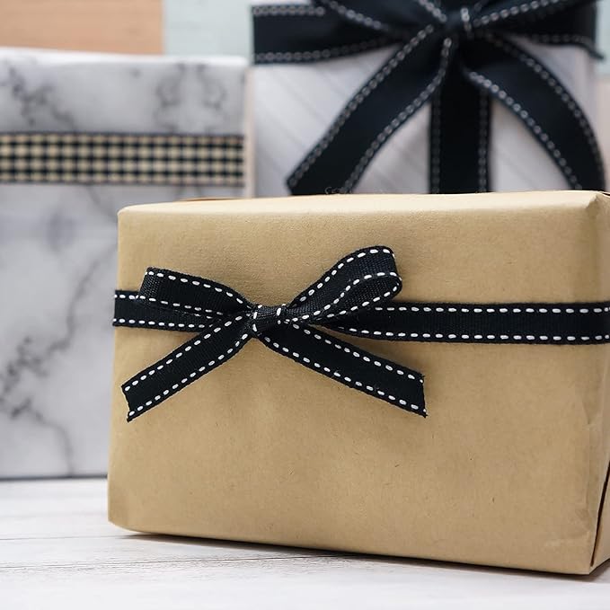 CT CRAFT LLC Black Cotton White Stitched Ribbon 3/8" x 10 Yards for Home Décor Gift Present Wrapping DIY Crafts Birthday Wedding Bouquet Christmas