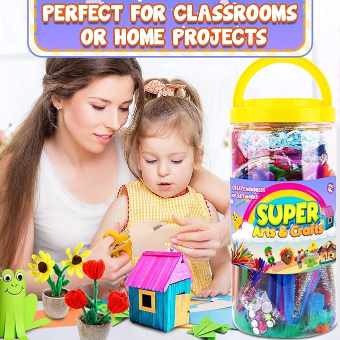 FUNZBO Arts and Crafts School Supplies for Kids -Kindergarten School Supplies Set with Glitter Glue Stick,Glue, Pipe Cleaners Craft and Kids' Scissor, Birthday Gifts for Girls Boys Age 4+