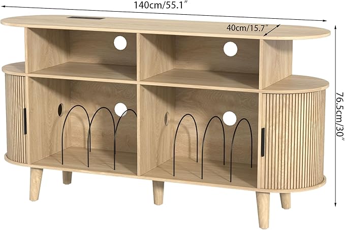 Large Round Record Player Stand with Charging Station & USB Ports,Record Storage Cabinet, Mid Century Modern Turntable Stand for Bedroom Living Room (Oak)