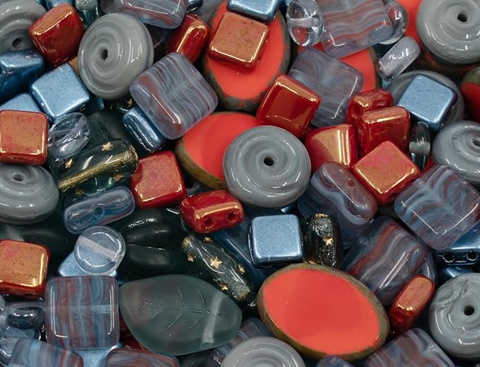 1.4oz (40g) Limited Mix of Czech Glass Beads Table Cut, Matte and Glossy, Faceted Fire Polish, Hand Made Set Kit, Gray Coral Lava