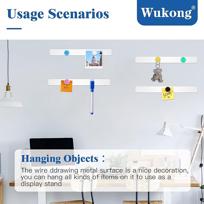 Wukong 6 Pack | 30x3cm(11.81 x 1.18) Magnetic Stainless White Boards Strips, Adhesive Backing Bulletin Bar Board, Memo Board with 16Pcs Colorful Magnets for Office, Home, Photo Wall, Documents