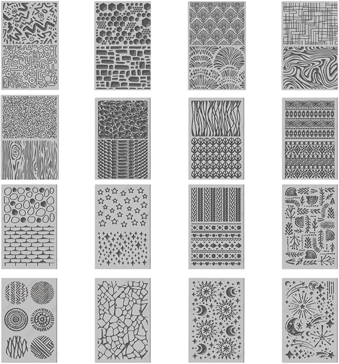 CHGCRAFT 16 Sheets 16 Styles Natural Knitted Texture Polymer Clay Texture Mat Sun Moon Stars Modeling Pattern Pad Bohemian Texture Sheets for Polymer Clay Making Earrings Jewerly Tools, 4×2.6 inch