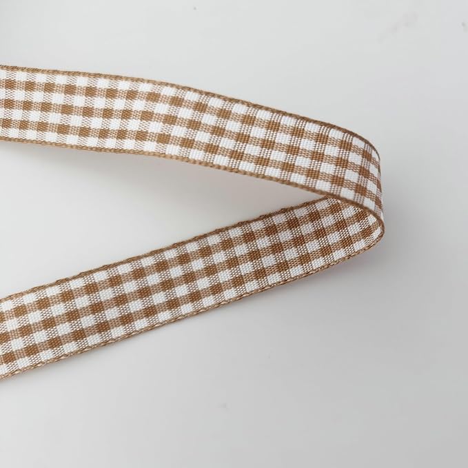 Micomon Khaki and White Woven Edge Plaid Ribbon 100% Polyester Gingham Ribbon 25 Yards Each Roll (5/8"Khaki)