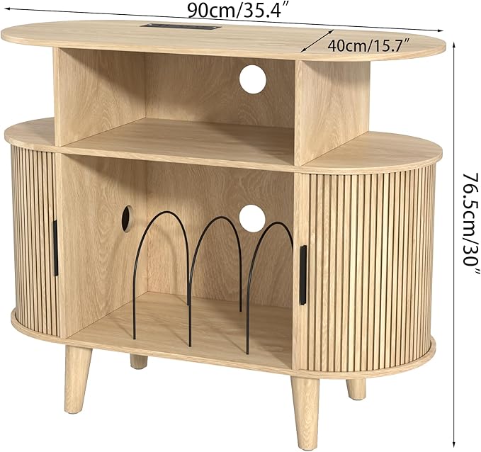 Large Round Record Player Stand with Charging Station & USB Ports,Record Storage Cabinet, Mid Century Modern Turntable Stand for Bedroom Living Room (Small Oak)
