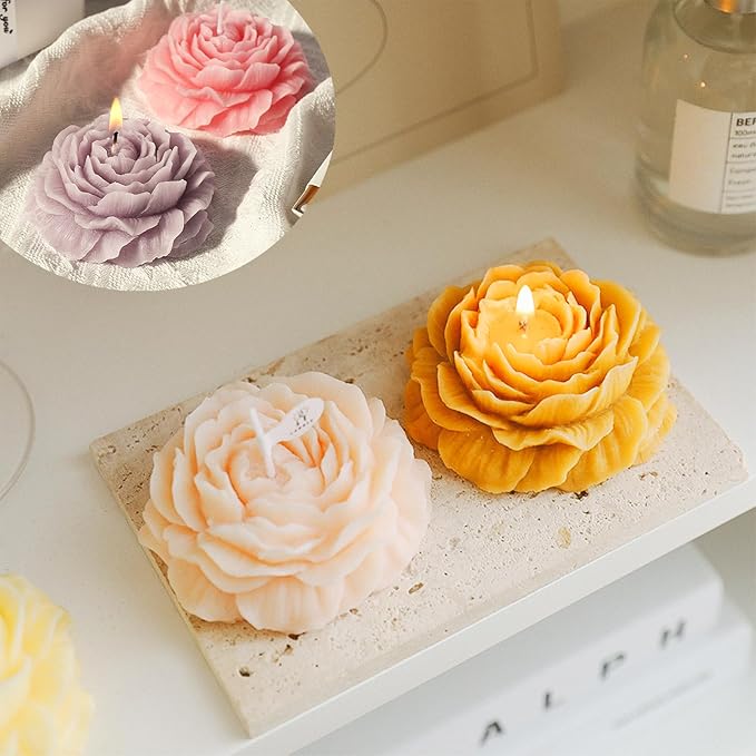 Peony Flower Silicone Candle Molds, 3 Cavity Flower Mold for Soap Candle Making Epoxy Resin Clay Plaster Crafts Casting Home Decor Handmade Gifts