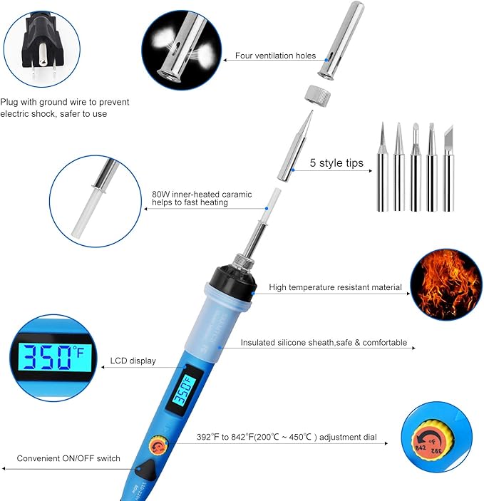 Electronics Soldering Iron Kit - 80W Digital LCD Solder Gun with ON/OFF Switch Adjustable Temperature Controlled and Fast Heating Thermostatic Design Welding Tools for DIY Welding Circuit Board (80W)